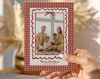 boho holiday photo card template, festive houndstooth 2025 christmas card, editable download