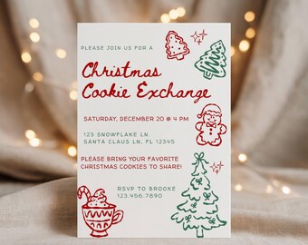 Kerstkoekje uitwisseling uitnodigingssjabloon, grillige handgetekende kerstfeestuitnodiging, kerstfeestuitnodiging
