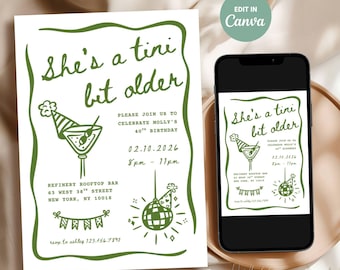 ze is een beetje ouder verjaardagsuitnodiging, martini-feestuitnodiging, bewerkbare sjabloon