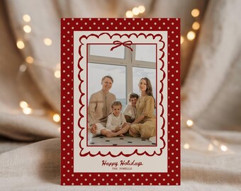 boho-vakantiefotokaartsjabloon, feestelijke rode strik kerstkaart 2025, bewerkbare download