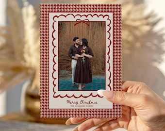 boho-vakantiefotokaartsjabloon, feestelijke pied-de-poule-kerstkaart 2025, bewerkbare download