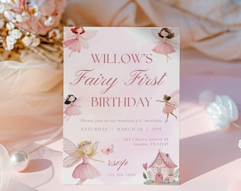 Invito per il primo compleanno di una fata, modello modificabile (download digitale)