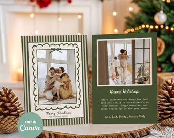 Kaartsjabloon boho-vakantiefoto, feestelijke groene strepen kerstkaart 2025, bewerkbaar