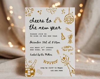 new years eve party invitation, whimsical hand drawn doodles, editable canva template, 2026 nye invite
