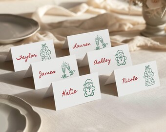afdrukbare kerstdiner naam plaatskaart, bewerkbare sjabloon, printables vakantiefeest, vriendenfeest