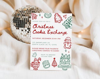 christmas cookie exchange invitation template, whimsical hand drawn christmas party invite, xmas party evite