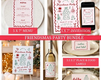Peut inclure: Un ensemble de fête Friendsmas comprenant un menu, une invitation, une pancarte de bienvenue, une étiquette de vin et des étiquettes de place et de nourriture. Les articles ont un code couleur rouge et vert avec un motif de sapin de Noël. Le menu est de 12,7 x 17,8 cm.