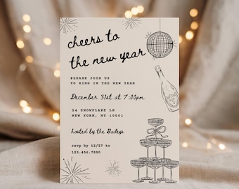 Uitnodiging voor feest op oudejaarsavond, grillige handgetekende doodles, bewerkbare canvassjabloon