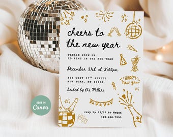 new years eve party invitation, whimsical hand drawn doodles, editable canva template, 2026 nye invite