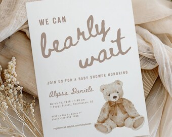 we can bearly wait, gender neutral baby shower invitation, bear theme baby shower, editable template