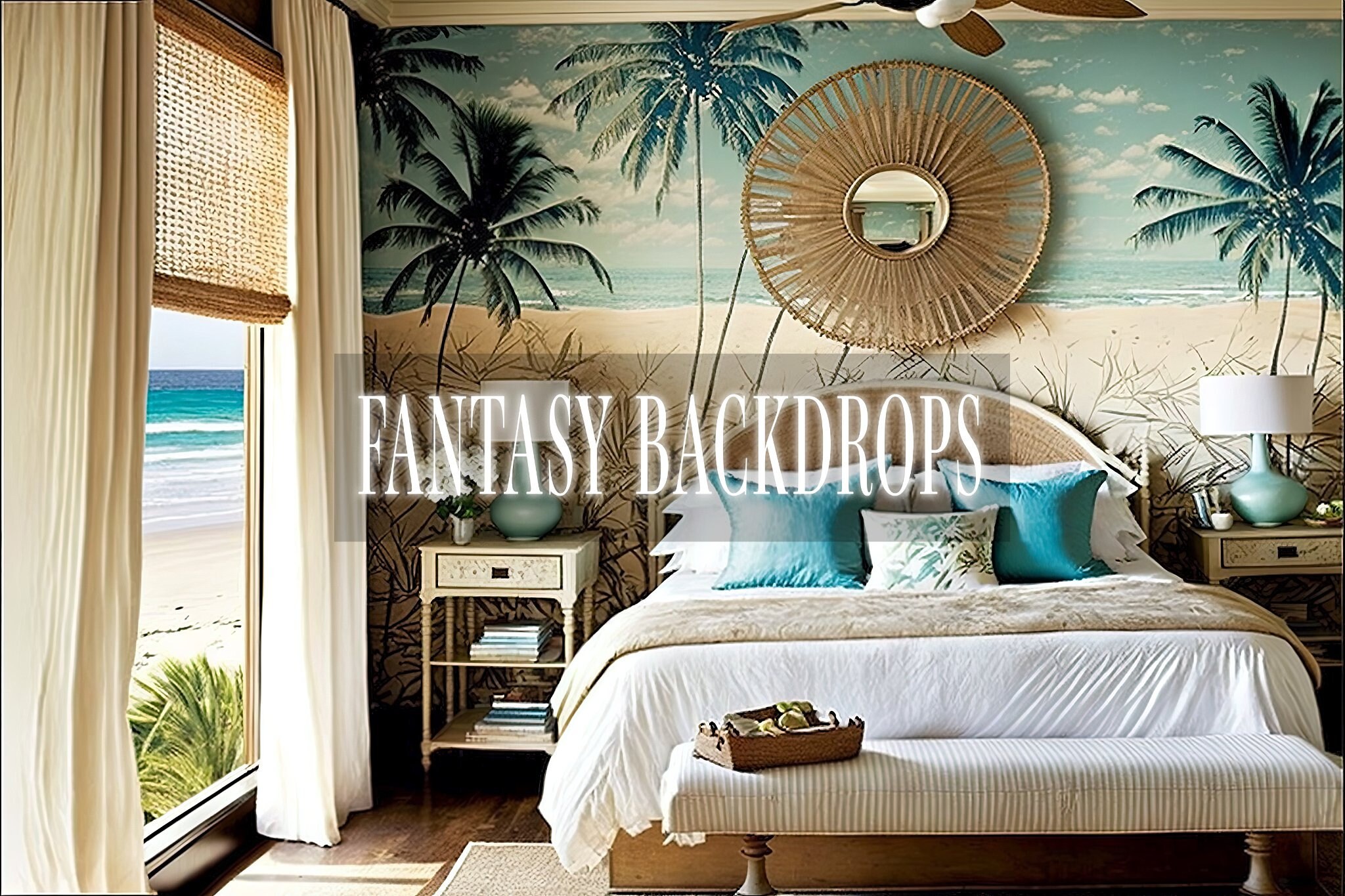 Staycation Backdrop Beach Bungalow Bedrooms Digital Backdrops, Portrait Backdrop Overlays ...