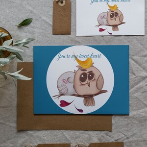 Cartão de Dia dos Namorados para imprimir para crianças em sala de aula, escola e pré-escola com pássaros engraçados, imagem de animais, presente para melhor amigo ou pais