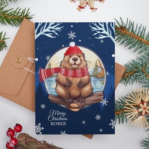 Grappige Poolse kerstkaart met Bober, Red Hat, Swear Meme Style, afdrukbare pdf, Bóbr Kurwa-cadeau voor vrienden, Ja Pierdole-humor, kersttijd
