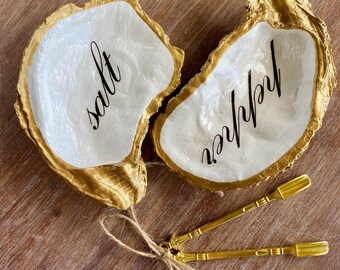 Oyster Shell Salt and Pepper Dishes, Coastal Decor with Spoons