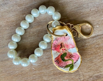 Hand Painted Oyster Shell Keychain: Coastal Gift