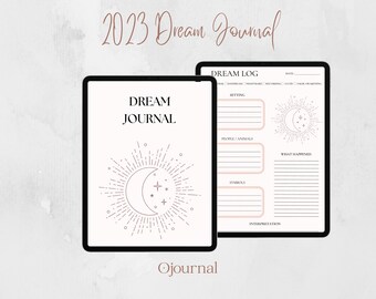 Peut inclure: Une tablette numérique affichant un journal des rêves 2023 avec un graphique de lune et d'étoiles. Le journal comprend un journal des rêves avec des sections pour le cadre, les personnes/animaux, les symboles, ce qui s'est passé et l'interprétation.