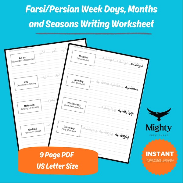 Farsi/Persian Calendar (Week Days, Months, and Seasons) Writing Digital Printable Worksheet
