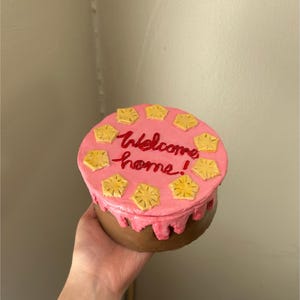 Puede incluir: Una caja redonda y decorativa que se asemeja a un pastel, sostenida por una mano. La parte superior es rosa con formas de pi&ntilde;a amarillas y texto rojo que dice "Welcome home!". Los lados son marrones con glaseado rosa.
