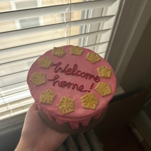 Puede incluir: Un pastel redondo rosa con las palabras "Welcome home!" escritas en glaseado rojo. El pastel est&aacute; decorado con detalles amarillos en forma de estrella. El pastel se asienta sobre una base marr&oacute;n.