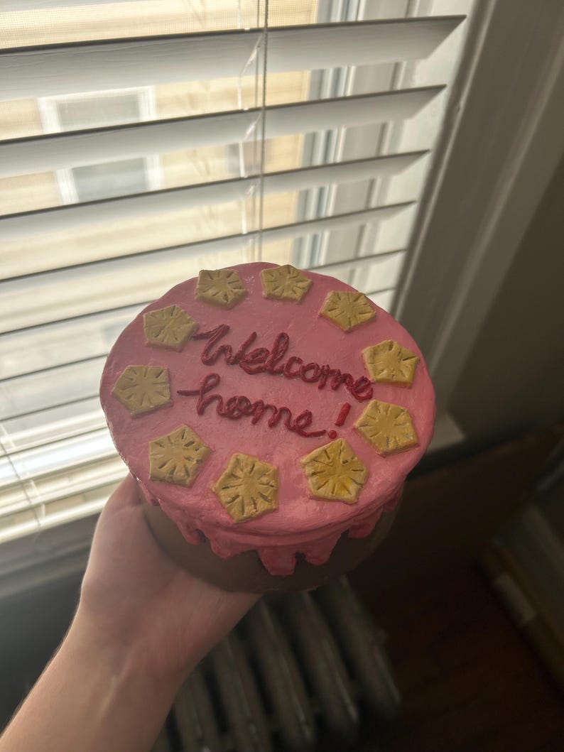 Puede incluir: Un pastel redondo rosa con las palabras "Welcome home!" escritas en glaseado rojo. El pastel est&aacute; decorado con detalles amarillos en forma de estrella. El pastel se asienta sobre una base marr&oacute;n.