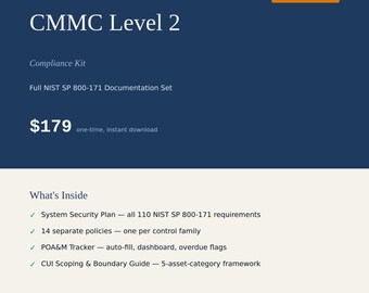 Zestaw zgodności CMMC poziomu 2 | Dokumentacja NIST SP 800-171, zasady, moduł śledzenia POaM (do pobrania w wersji cyfrowej)