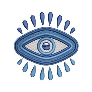 May include: A blue evil eye charm with a white center and a ring around the pupil. The eye is surrounded by a ring of blue teardrop shapes.