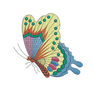 May include: A colorful embroidered butterfly with yellow, blue, green, pink, and orange accents. The butterfly is in a side profile with its wings spread out.