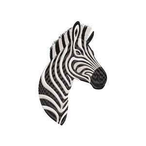 May include: Black and white zebra head illustration with a striped pattern. The zebra's head is turned to the side, and its eye is visible.