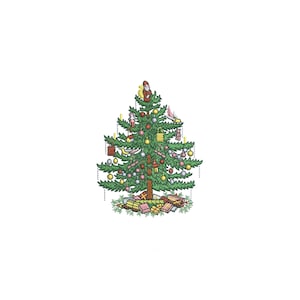 May include: A green Christmas tree decorated with ornaments, lights, and presents. The tree is decorated with red, gold, and white ornaments. There are also some small, colorful gifts under the tree.