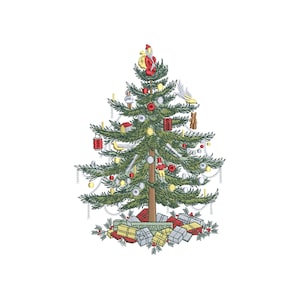 May include: A green Christmas tree decorated with red and gold ornaments, a white bird, a red and white Santa figure, and a red and white lantern. The tree is surrounded by wrapped gifts with red and gold ribbon.