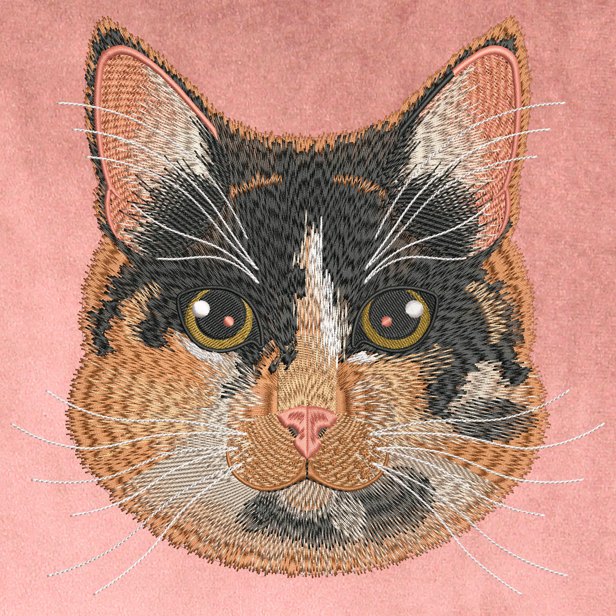 Tortoiseshell Cat Embroidery Design – Tricolor Big Cat Head, 8x8 Inch ...