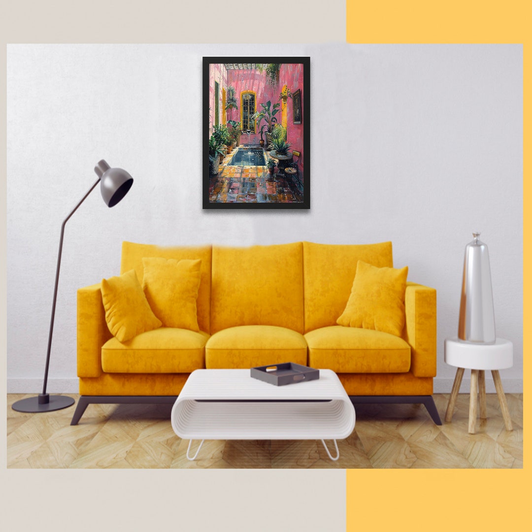 Spanish Mediterranean Courtyard Framed Watercolor Print, Spanish Courtyard Wall Decor, Botanical