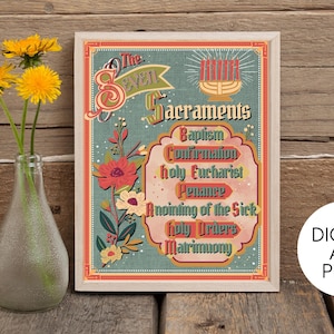 Seven Sacraments Digital Download Printable | Vintage Inspired Home Decor | Floral Religious Art Print | Catholic Education + Homeschool