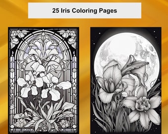 Iris Flower Coloring Pages, 25 Iris  Coloring Printable PDF Pages, Sendo Coloring Iris  Pack 1, Instant Download PDF Coloring Prints