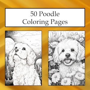 Pode incluir: Duas ilustrações em preto e branco de poodles. O primeiro poodle está olhando para a lua e as estrelas. O segundo poodle está sorrindo e rodeado de flores. 50 páginas para colorir de poodles.