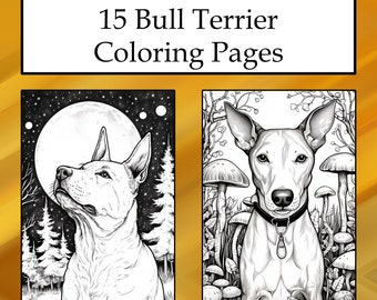 Può includere: Due pagine da colorare in bianco e nero con un Bull Terrier. La prima pagina mostra il cane che guarda la luna in un ambiente boschivo. La seconda pagina mostra il cane seduto in un bosco con funghi.
