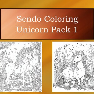 May include: Two black and white line drawings of unicorns. The first unicorn is standing in a forest with trees and flowers. The second unicorn is sitting in a field of flowers and mushrooms. The text "Sendo Coloring Unicorn Pack 1" is at the top of the image.