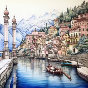 Lake Como - Italian Lake Travel Watercolour Wall Art, Digital Download, Printable Lake Art, Wall Art Print
