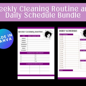 May include: A printable weekly cleaning routine and daily schedule planner with a black and white illustration of a woman with an afro. The planner includes sections for weekly cleaning tasks, household daily chores, my bedroom/bathroom checklist, daily schedule, this week's priorities, this week's goals, and for next week.