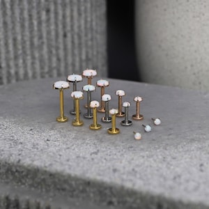Opal Studs, Threadless Labret Flatbacks, Gold, Silver, Rose gold, Cartilage Stud, 2mm-5mm. 4 prong studs, 16g Implant Grade Titanium