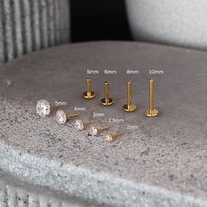 16g Implant Grade Titanium Threadless Labret, Gold, Silver, Rose gold CZ Studs, Piercing Stud, 2mm-5mm. 4 prong studs. Minimalistic Studs