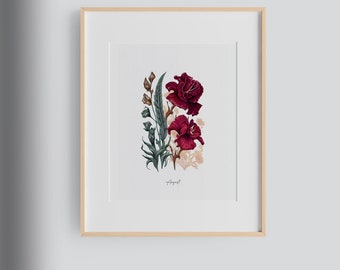 August Birth Flowers | Poppy and Gladiolus Flower Print, August Birth Gift, Botanical Wall Art, Personalized Birthday Gift |