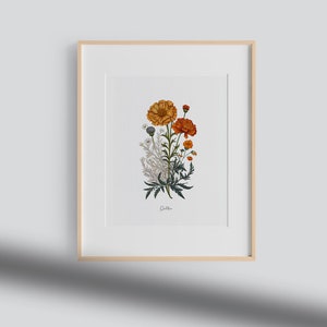 October Birthday Gift | Marigold and Cosmos Botanical Illustration Print, Wall Art, Personalized Birthday Gift |