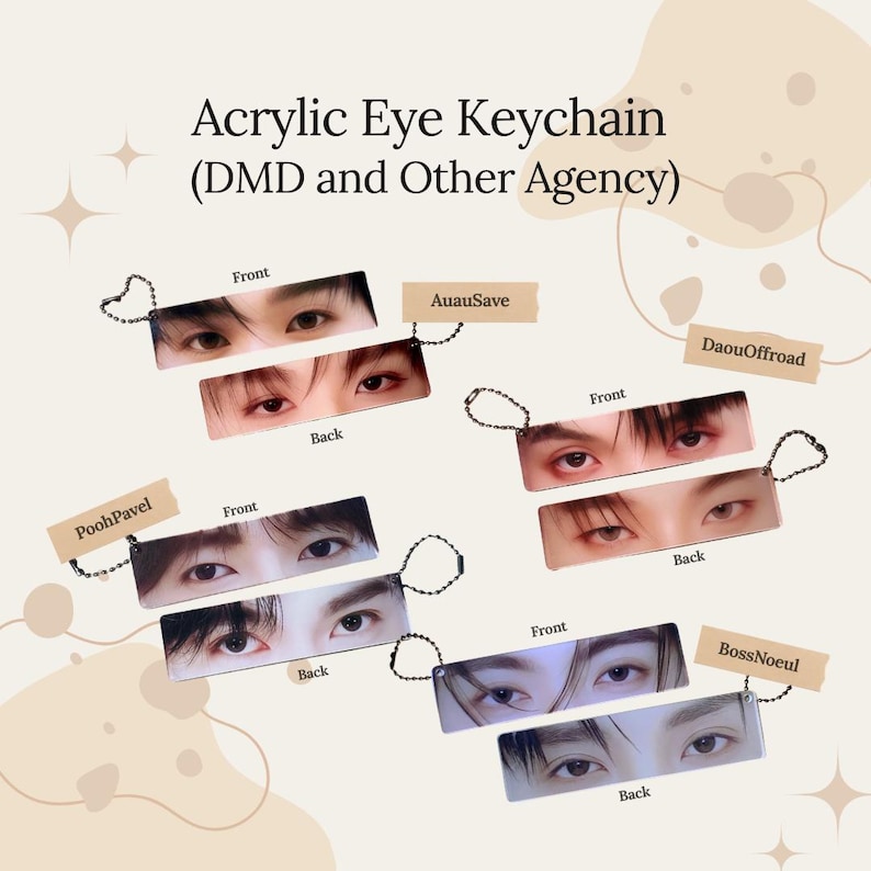 K&ouml;nnte beinhalten: Acryl-Augen-Schl&uuml;sselanh&auml;nger mit Nahaufnahmen von Augen. Jeder Schl&uuml;sselanh&auml;nger hat eine Vorder- und R&uuml;ckansicht, mit einer Metallkette und einem kleinen Etikett mit einem Namen. Die Schl&uuml;sselanh&auml;nger sind in verschiedenen Augenfarben und -stilen.