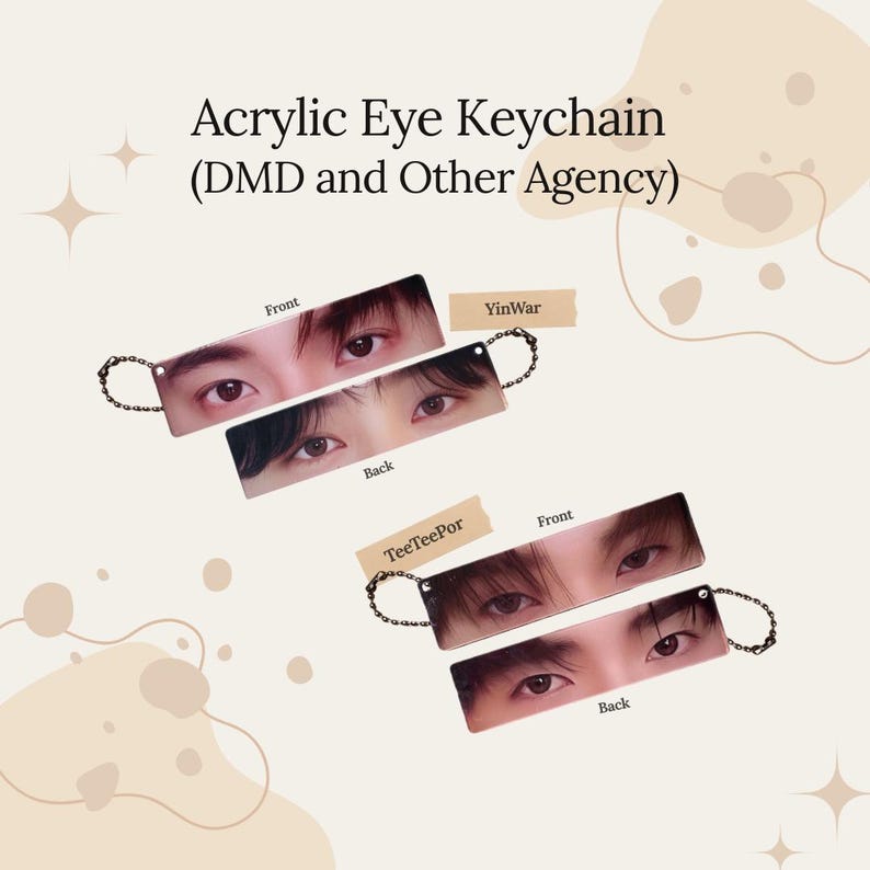 K&ouml;nnte beinhalten: Acryl-Augen-Schl&uuml;sselanh&auml;nger mit Nahaufnahmen von Augen. Jeder Schl&uuml;sselanh&auml;nger hat ein Vorder- und R&uuml;ckseitendesign mit dem Text "YinWar" und "TeeTeePor" auf den Etiketten. Die Schl&uuml;sselanh&auml;nger sind rechteckig mit einer Metallkette.