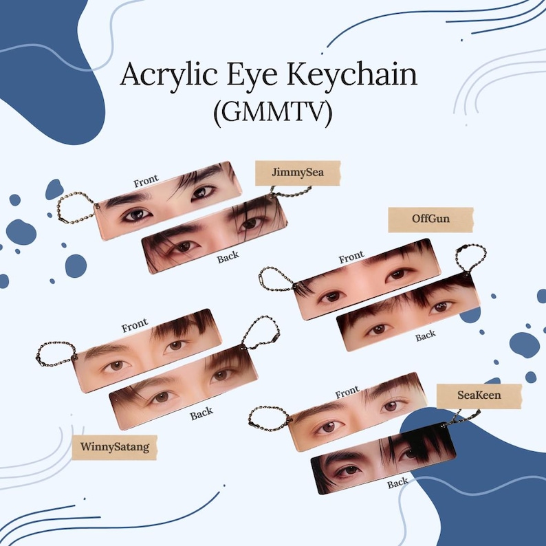 K&ouml;nnte beinhalten: Acryl-Schl&uuml;sselanh&auml;nger mit Nahaufnahmen von Augen, mit dem Text "Acrylic Eye Keychain (GMMTV)". Jeder Schl&uuml;sselanh&auml;nger zeigt Vorder- und R&uuml;ckansichten der Augen, mit Namen wie "JimmySea", "OffGun", "WinnySatang" und "SeaKeen".