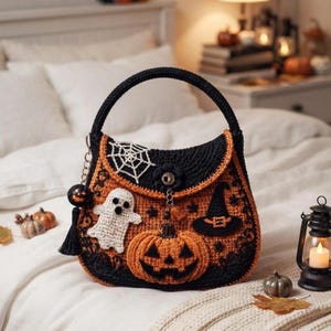 Patrón de bolso de ganchillo de Halloween en PDF / Bolso espeluznante con forma de calabaza, fantasma o sombrero de bruja / Tutorial de bolso de ganchillo amigurumi