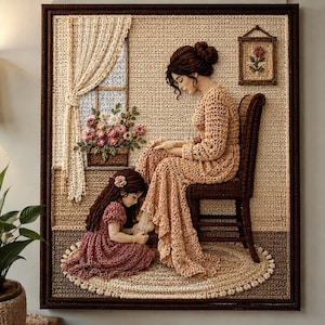 May include: A textured crochet wall art piece depicting a person in a long beige dress sitting on a dark brown chair while a smaller person in a pink dress kneels at their feet. The scene includes a window with curtains, flowers, and a small framed picture.