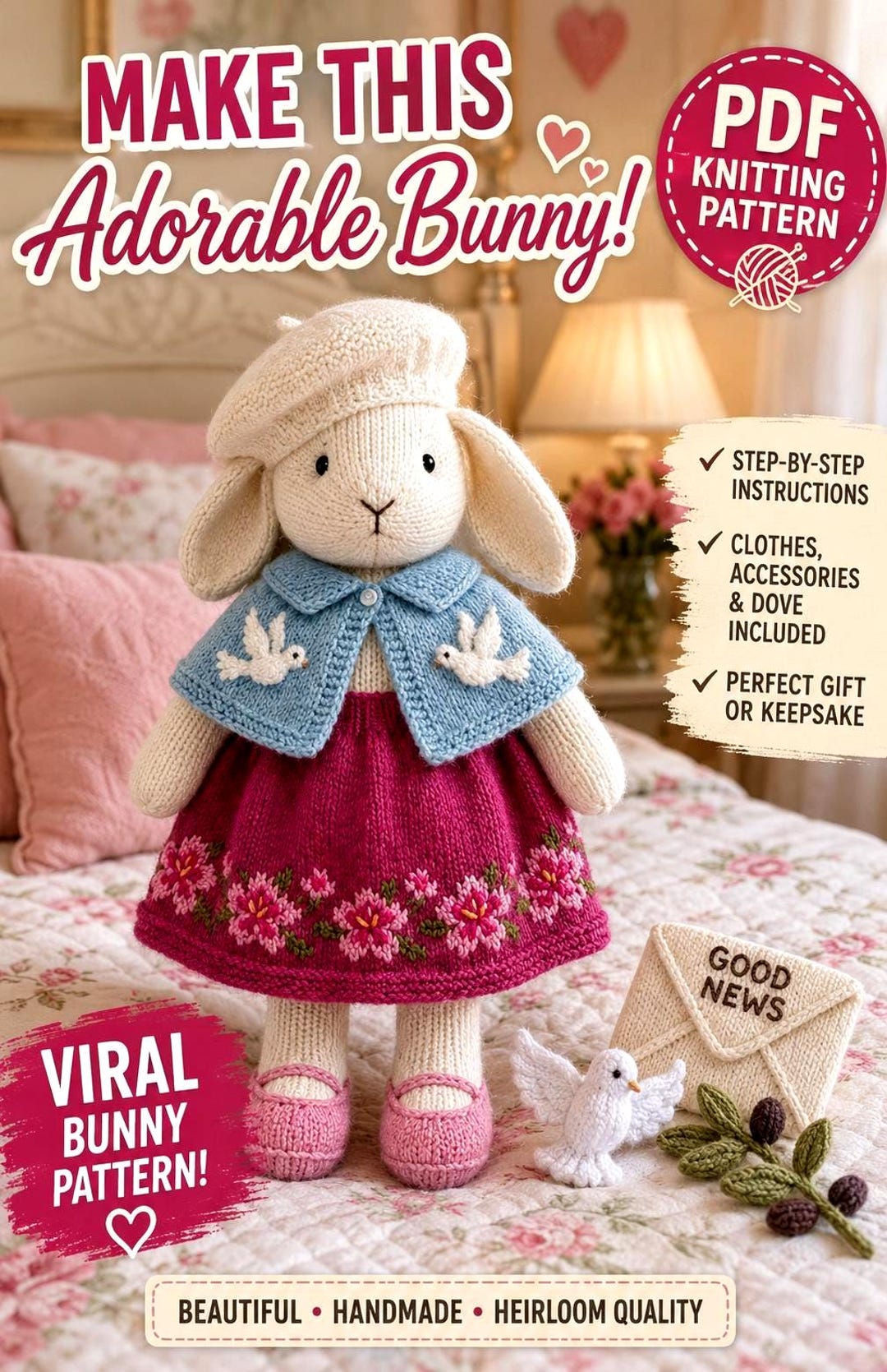 Pink Azalea Bunny Knitting Pattern PDF, White Dove Amigurumi Toy ...