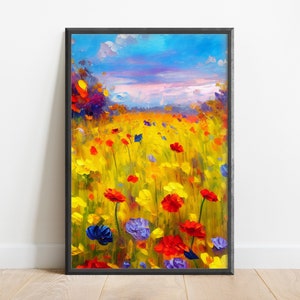 Spring Flower Field, Colourful Minimalist Wall Art,  Abstract Oil Painting, Lush Flower Art Printable, Digital Download, Printable Wall Art